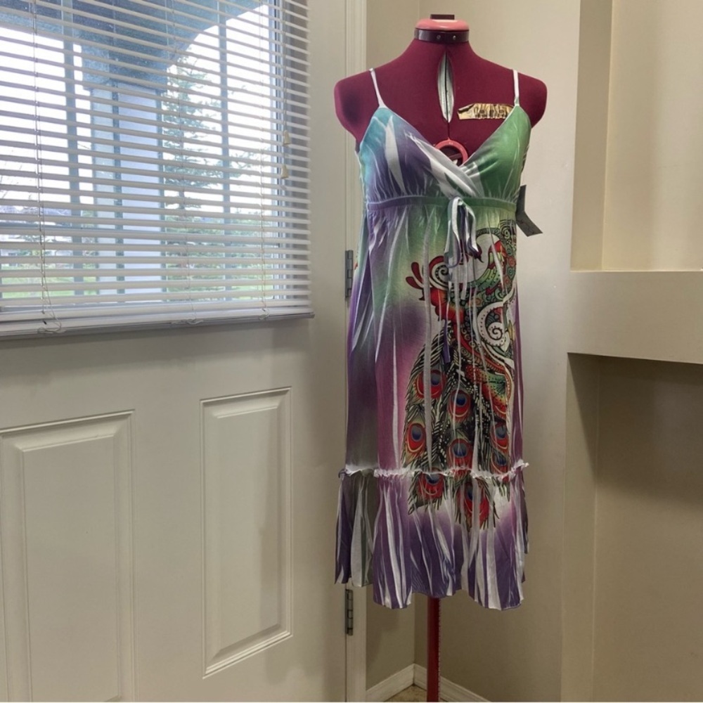 Ocean Breeze Woman Multicolour Peacock Print Spaghetti Strap Dress. Size M.
